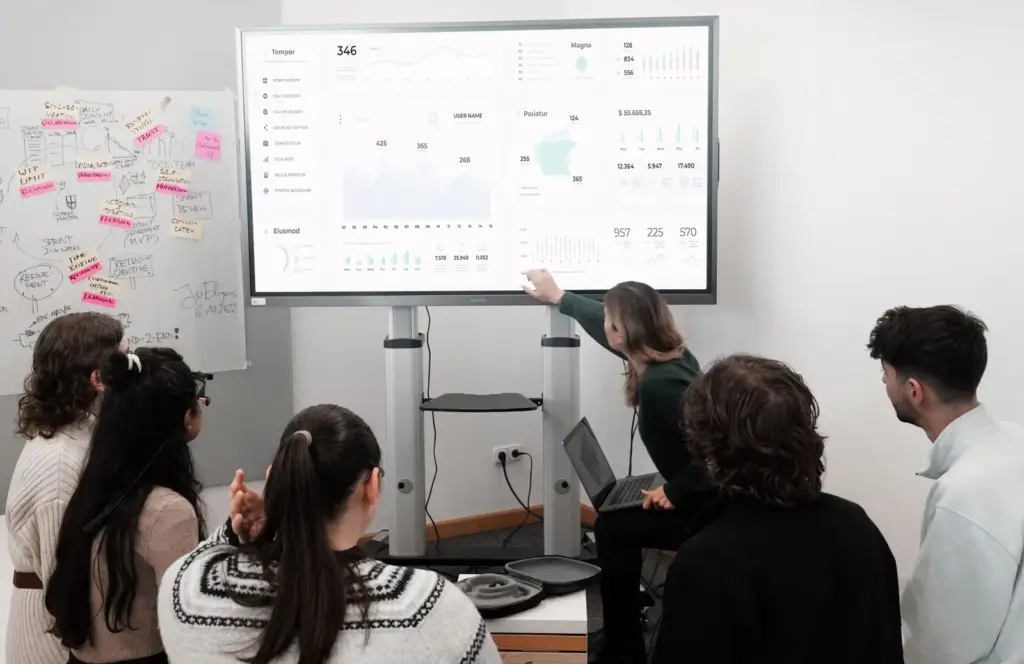Team betrachtet Diagramme und Kennzahlen auf einem großen Präsentationsbildschirm