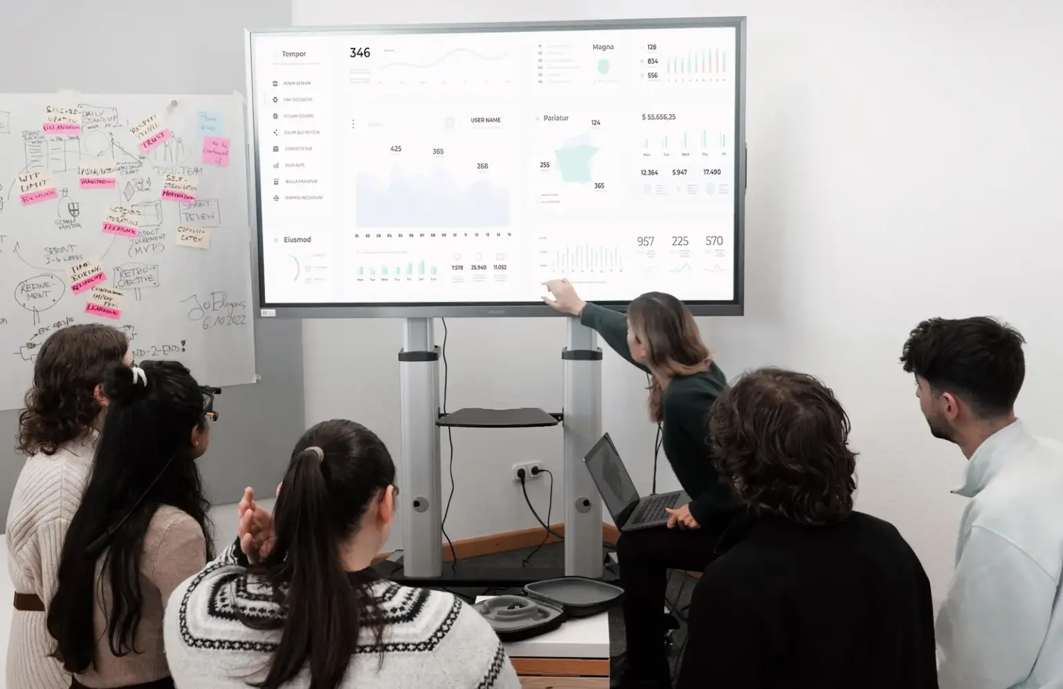 Team betrachtet Diagramme und Kennzahlen auf einem großen Präsentationsbildschirm
