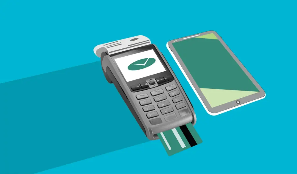 Illustration einer digitalen Zahlung mit Smartphone und Kartenterminal