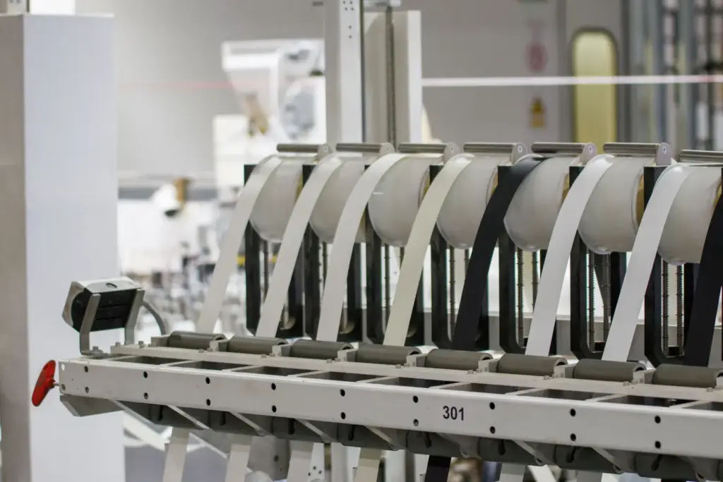 Automatisierte Fertigungsanlage mit Materialbahnen in einer modernen Produktionshalle