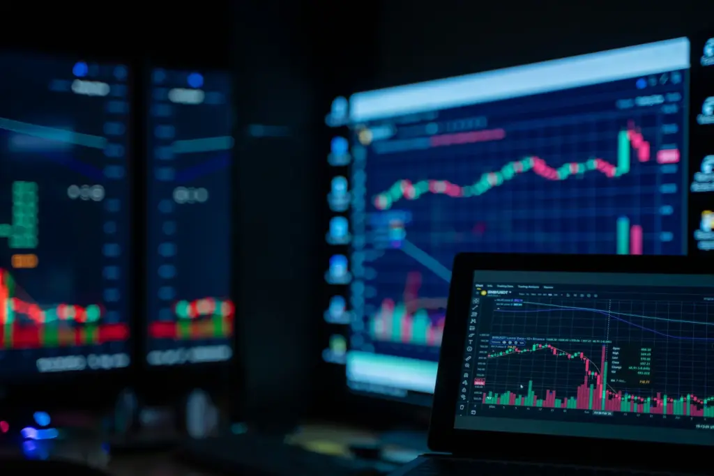 Mehrere digitale Monitore zeigen Finanzmarktcharts und Handelsdaten