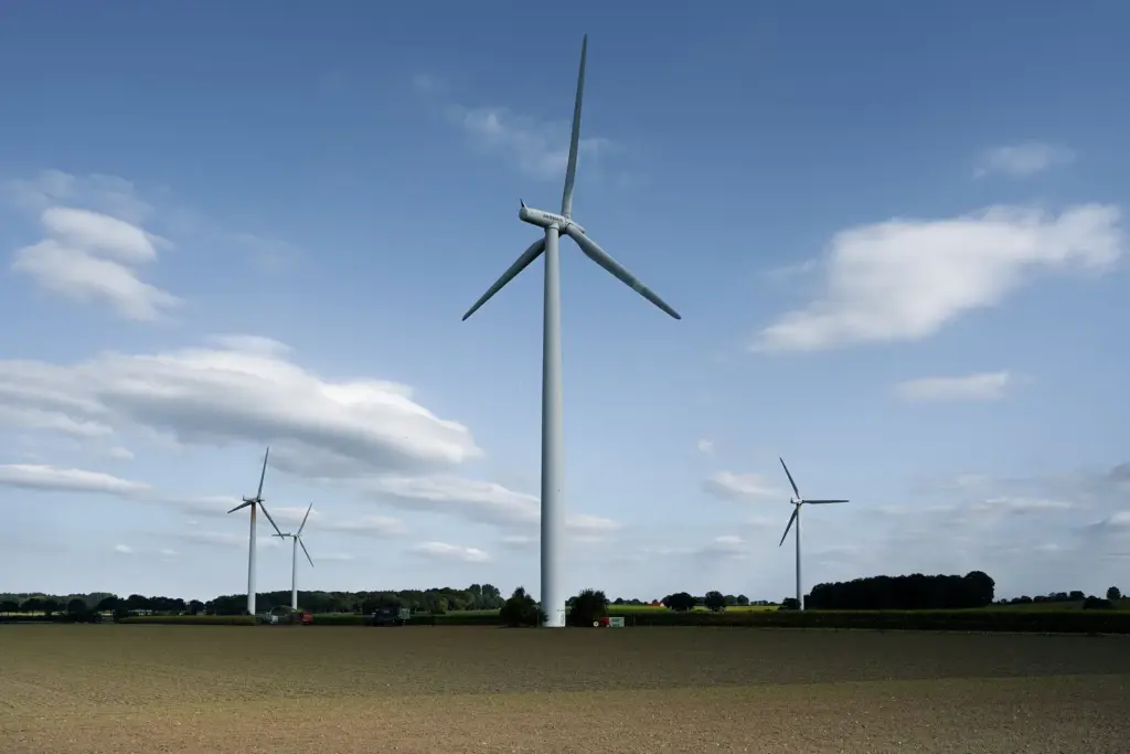 Windturbinen auf Feldern in Lauenburg unter blauem Himmel
