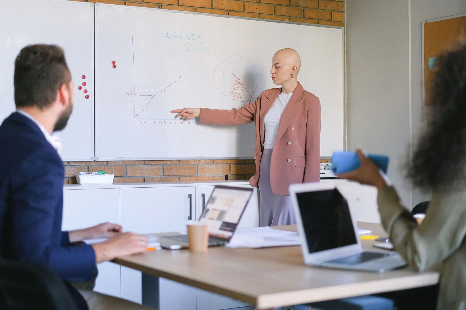 Frau erläutert Kolleginnen und Kollegen Diagramme auf einer Tafel