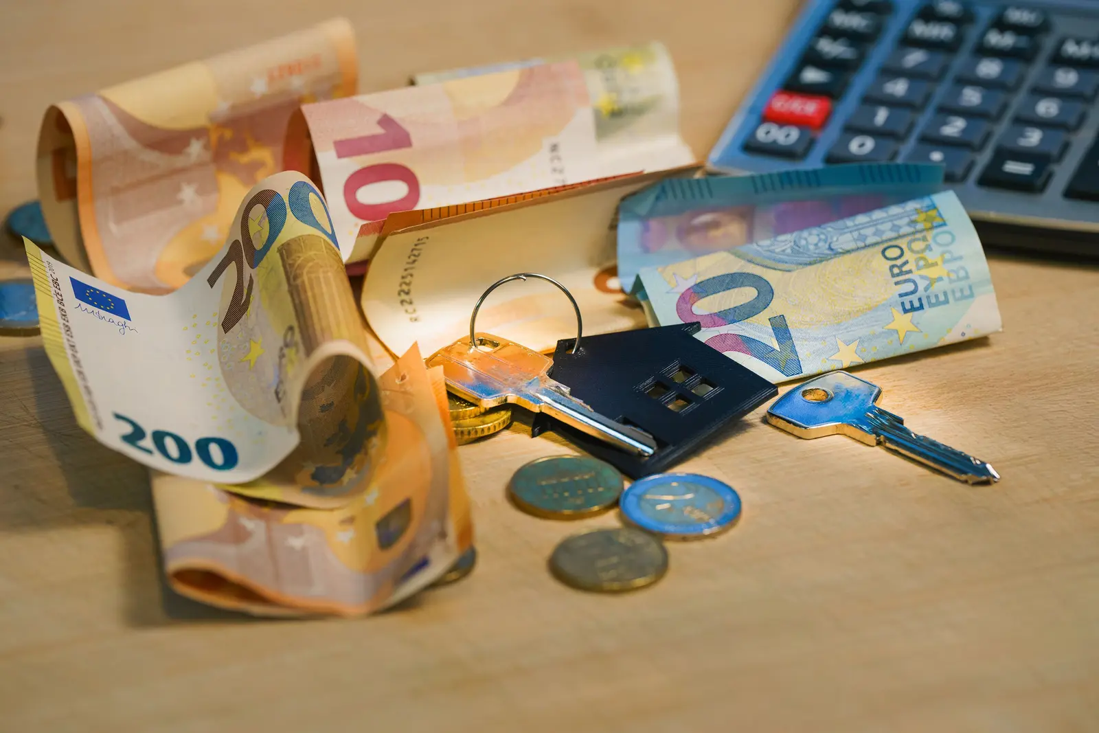 Euro-Banknoten, Münzen, Hausschlüssel und Taschenrechner zur Immobilienfinanzierung